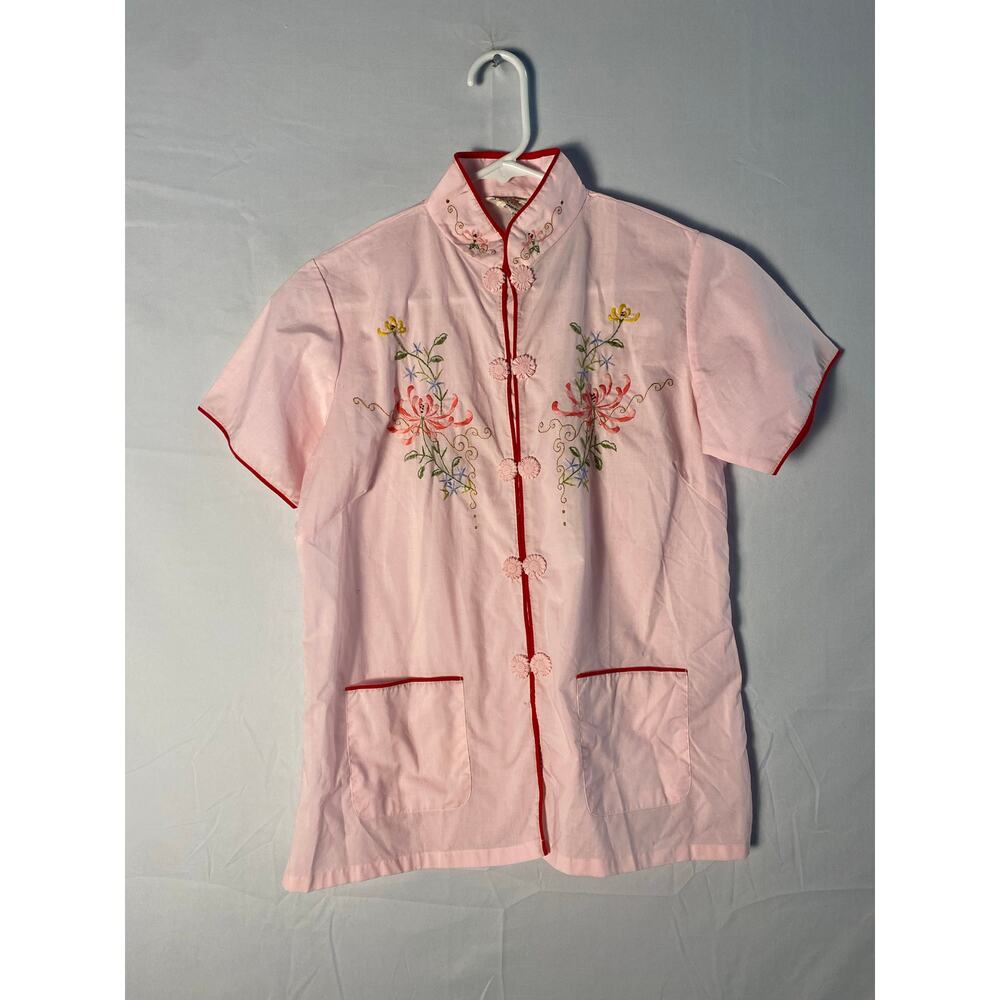 Vintage 60s Plum Blossoms Pink Cheongsam Top Floral Embroidery Women's M-XL?